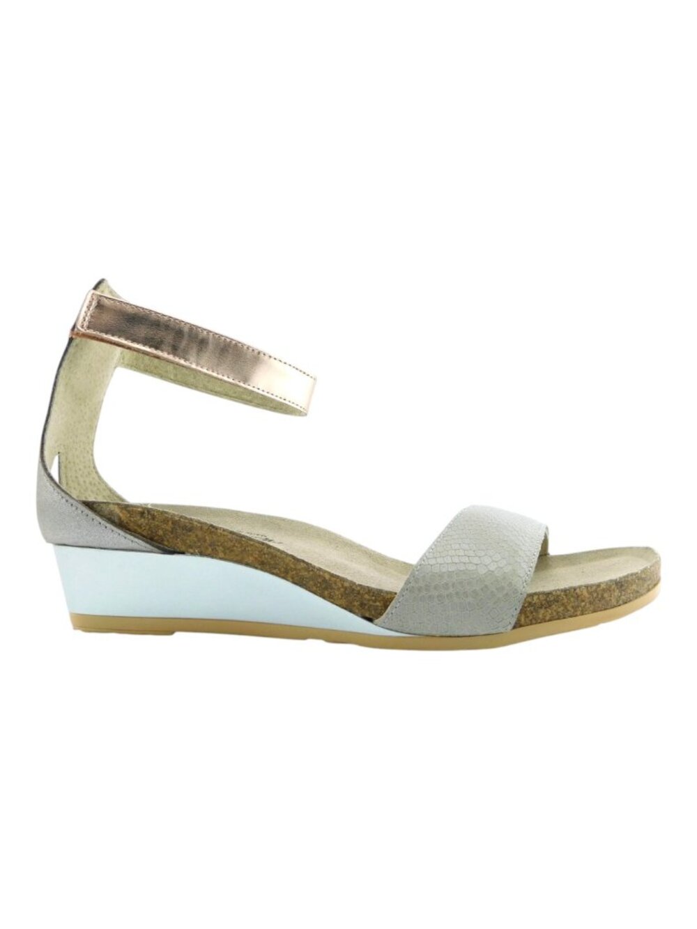 NAOT Taupe Leather Metal Silver Wedge Heel Ankle Strap Sandals 38EU / 7US